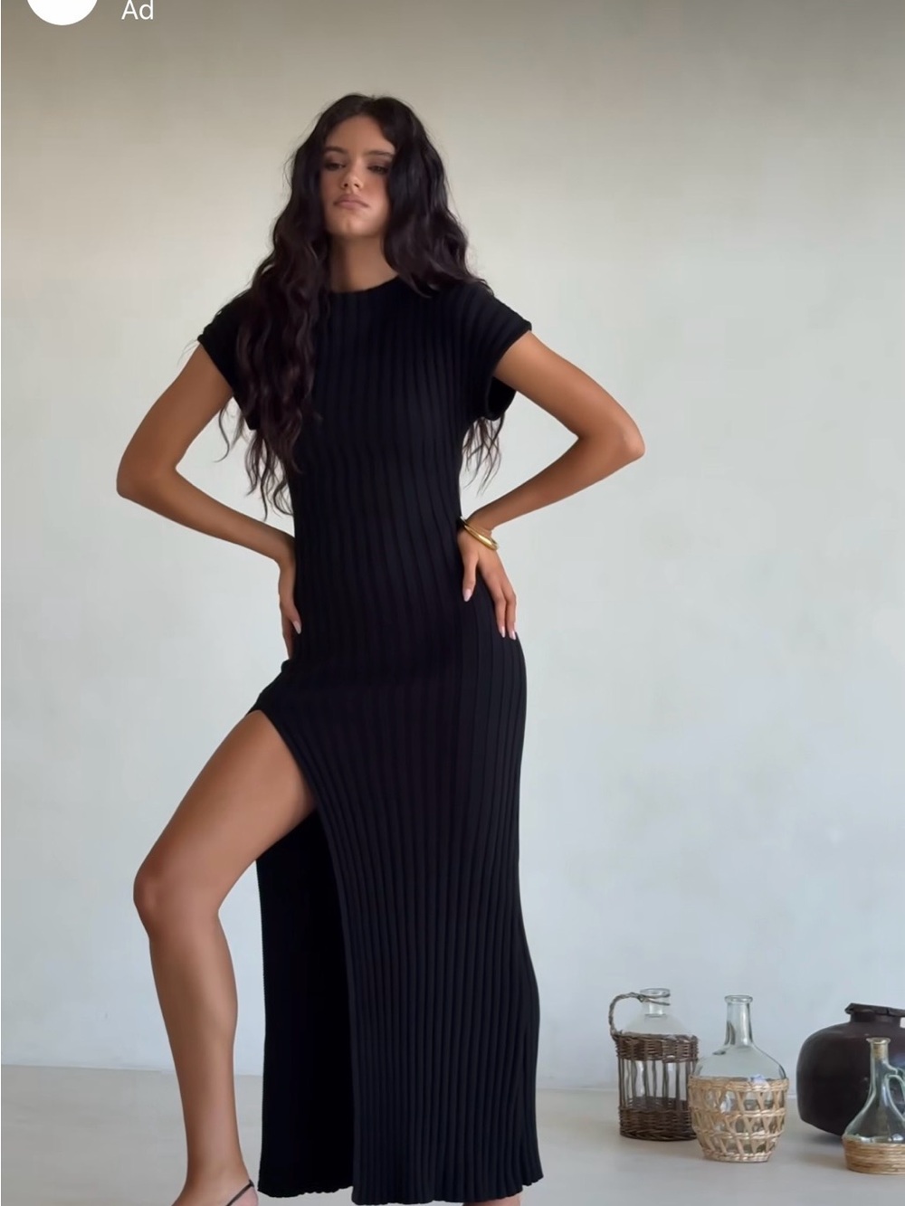 Black Rib-Knit Maxi Dress with High Side Slit